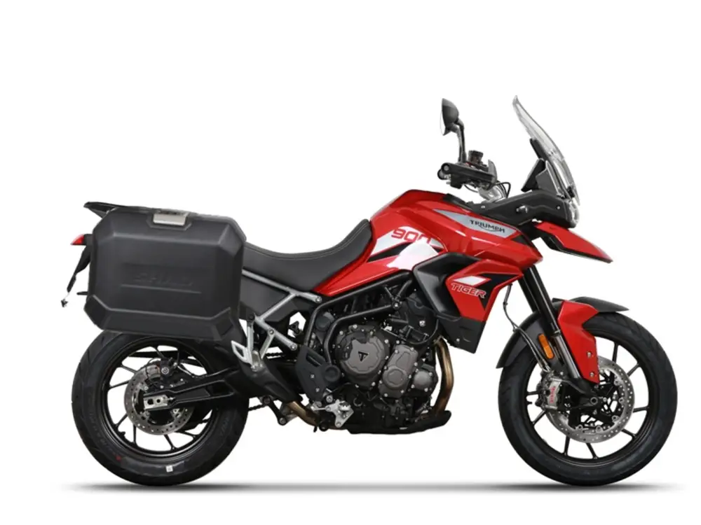 Top Prodej Kompletní sada bočních černých hliníkových kufrů SHAD TERRA BLACK 36L/47L, včetně montážní sady SHAD TRIUMPH Tiger 900