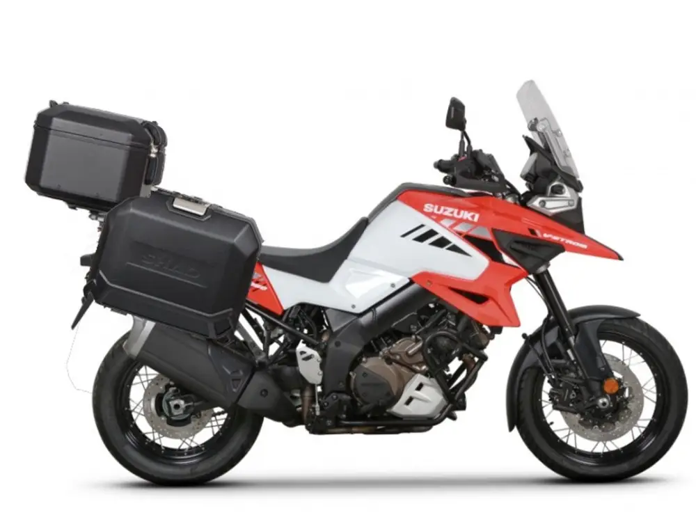 Kompletní sada černých hliníkových kufrů SHAD TERRA BLACK, 48L topcase 47L/47L boční kufry, včetně montážní sady a plotny SHAD SUZUKI DL 1000 V-Strom/ DL 1050 V-Strom Výhodná Nabídka