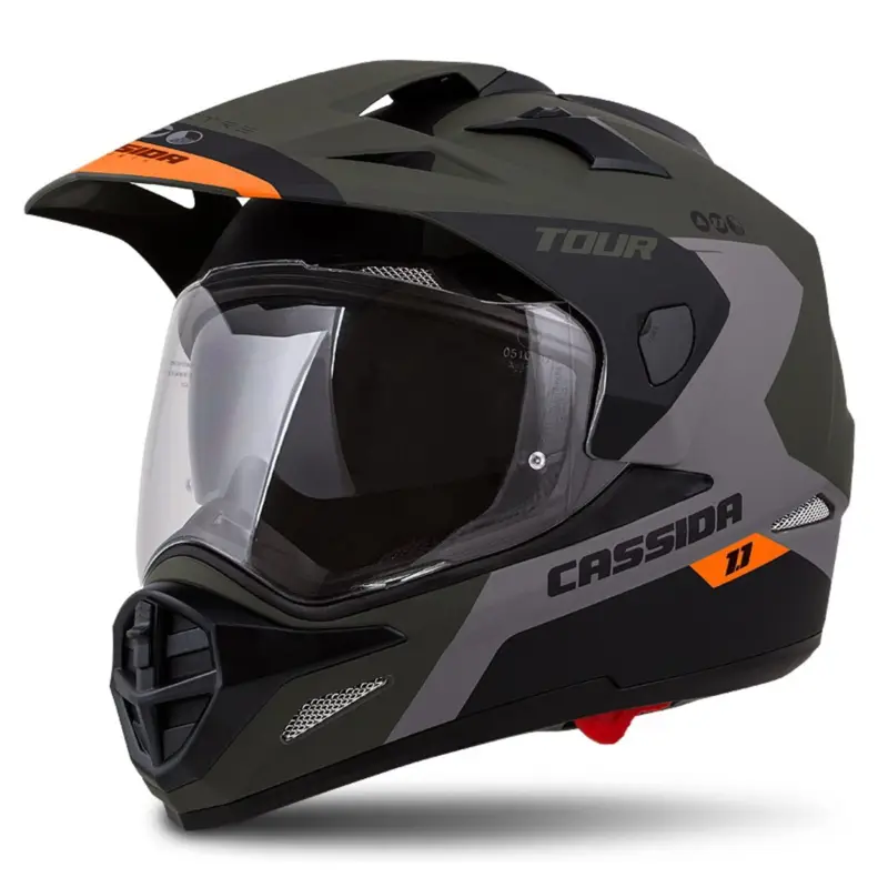 CASSIDA Enduro moto přilba Tour 1.1 Spectre zelená army matná šedá oranžová černá Nová Kolekce