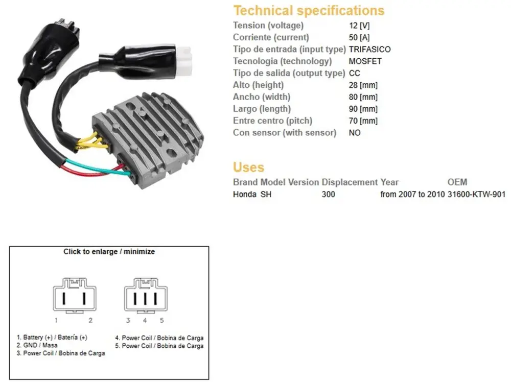 Originální DZE regulátor napětí HONDA SH 300 07-10 (31600-KTW-901) MOSFET (50A)