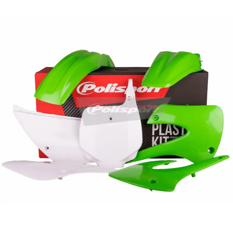 Sleva POLISPORT kompletní sada plastů KAWASAKI KX 85 99-13; KX 100/112 99-13 v sadě tabulka přední (8662900002) barva zeleno bílá OEM