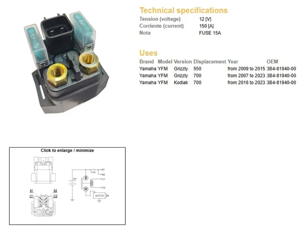 Originální DZE startovací relé YAMAHA YFM 550 GRIZZLY 09-15; YFM 700 GRIZZLY 07-23; YFM 700 KODIAK 16-23 (12V/150A)