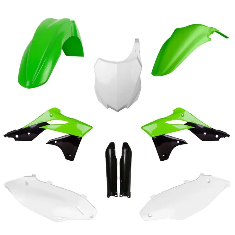 Koupit Online POLISPORT kompletní sada plastů (FULL KIT) KAWASAKI KX 250F 13-16 v sadě přední tabulka (8659200003) a kryty tlumičů (8351800002) barva zelená bílá černá OEM