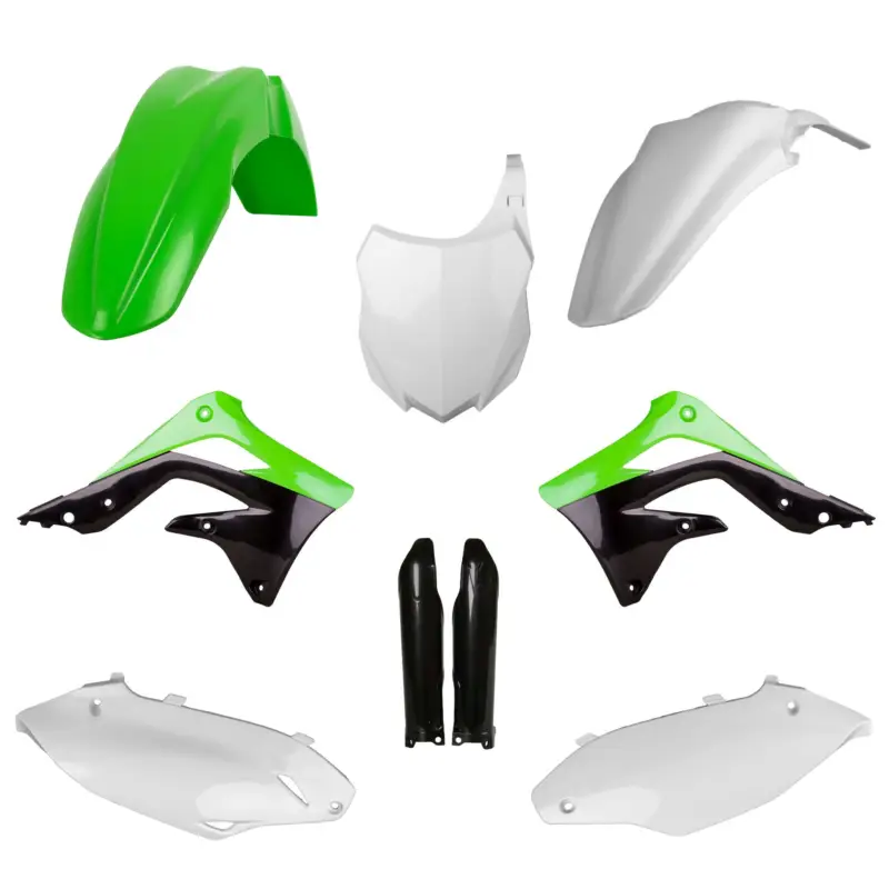 POLISPORT kompletní sada plastů (FULL KIT) KAWASAKI KX 450F 13-15 v sadě přední tabulka (8659200002) a kryty tlumičů (8351800002) barva zelená Oblíbený