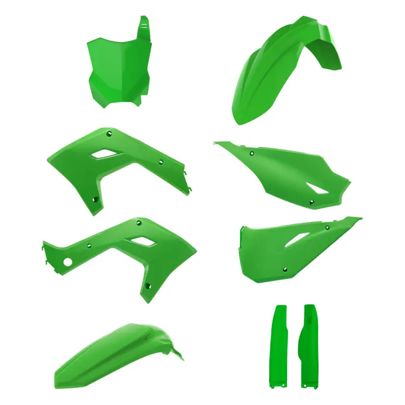 POLISPORT kompletní sada plastů (FULL KIT) KAWASAKI KX 125 03-08; KX 250 03-08 (restyling na model 2026) v sadě tabulka přední (8665900007) a kryty tlumičů (8398000011) barva zelená Novinka