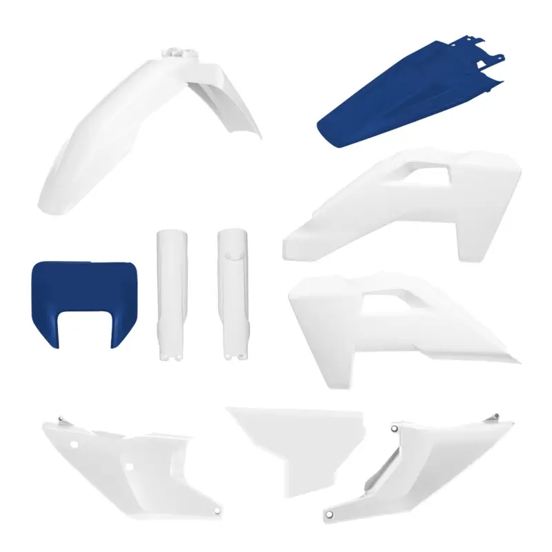 POLISPORT kompletní sada plastů (FULL KIT) HUSQVARNA TE/FE 26 v sadě kryt předního světla (8681500004) a kryty tlumičů (8352500001) barva bílá světle modrá OEM Originální