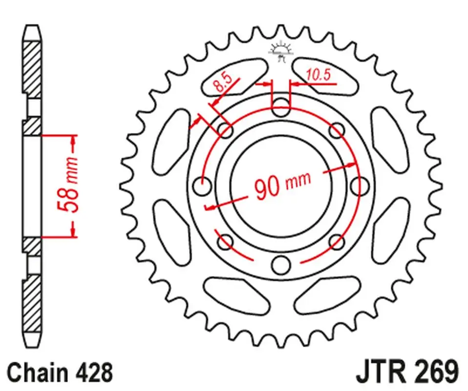 JT zadní řetězové kolečko 269 34 HONDA CG 125 '02-'05, CM 125 '82-'97, CB 125T '82-'88, DAELIM VC 125 '96-'99 (26934JT) (řetěz 428) Omezená Nabídka