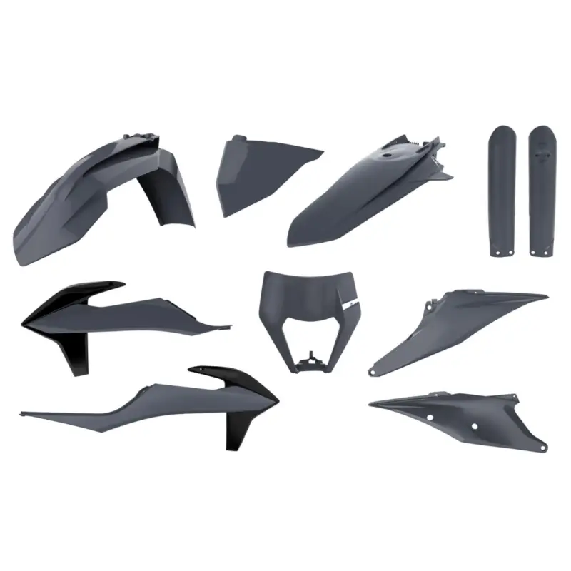 Originální POLISPORT kompletní sada plastů (FULL KIT) KTM EXC/EXC-F TPI 20-23 v sadě kryt světla (8668600006) a kryty tlumičů (8398600011) barva šedá nardo šedá