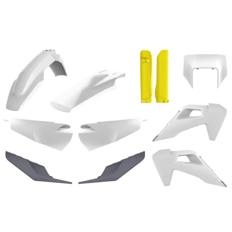 Originální POLISPORT kompletní sada plastů (FULL KIT) HUSQVARNA TE/FE TPI 20-23 v sadě kryt předního světlometu (8668700001) a kryty tlumičů (8398900004) barva OEM bílo žluto šedá