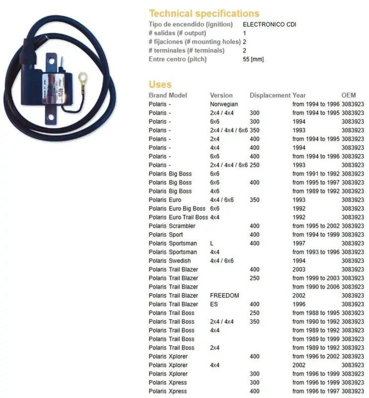 DZE zapalovací cívka POLARIS 250/300/350/400 (OEM-3083923) Odeslání Ihned