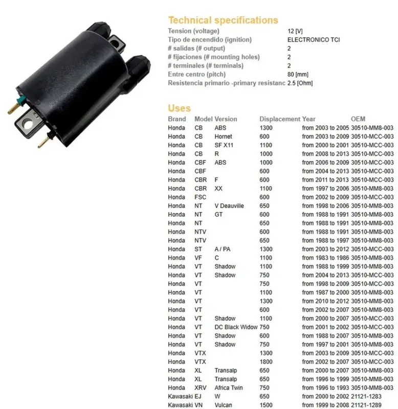 Značkový DZE zapalovací cívka HONDA CB/CBR/CBF/NT/ST/VT/VTX/XL/XRV; KAWASAKI VN/ZN/ZX/ZXR/ZZ-R