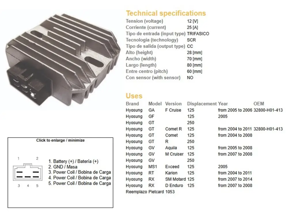 DZE regulátor napětí HYOSUNG GA/GF/GT/GV/RX 125 04-11 (32800-H01-413) (12V/25A) Autentický