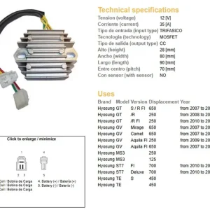 DZE regulátor napětí HYOSUNG GT 250R 08-13; GT 650S/R 08-13; GV 250 09-13; GV 650 07-13; MS3 125/250; ST7 700 10-13; TE 450 (35A) (ESR612) Hit Sezóny
